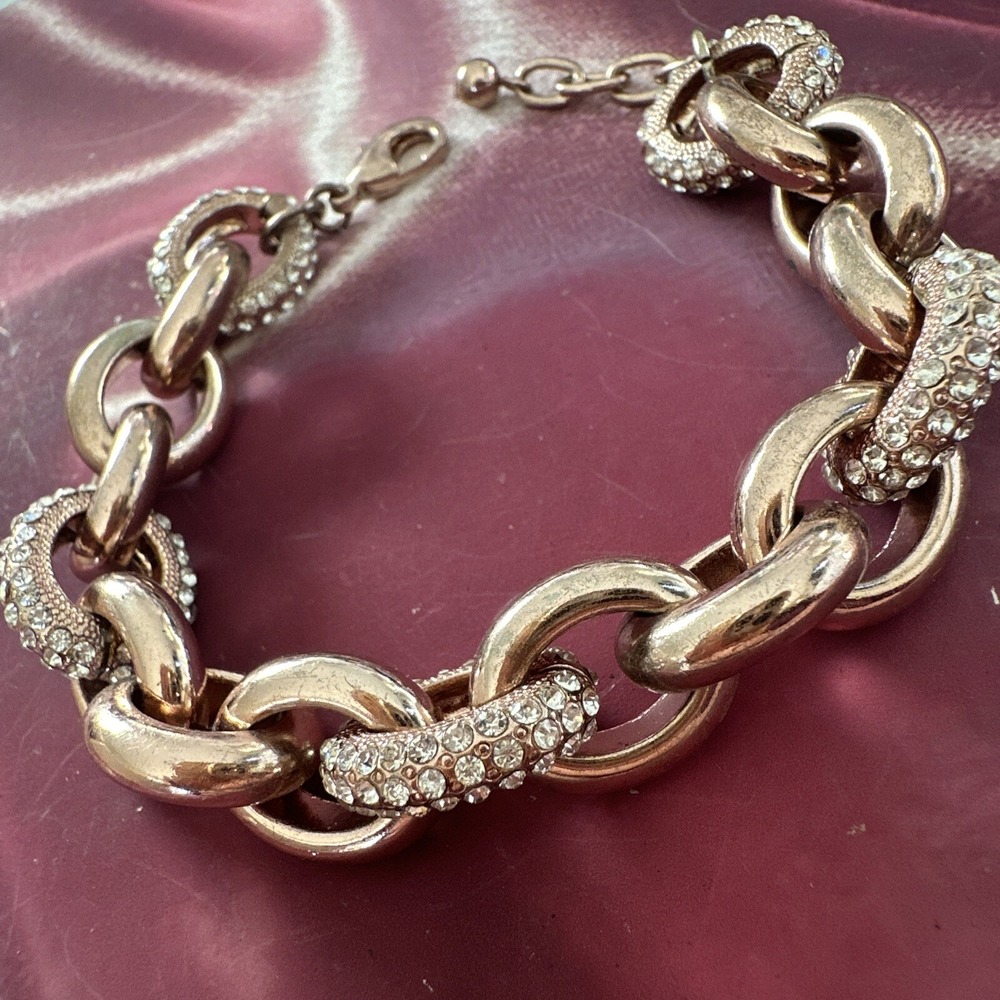 Rose Gold Tone & Crystal Rhinestone Chain  Link Bracelet  8.5" Adjustable‎